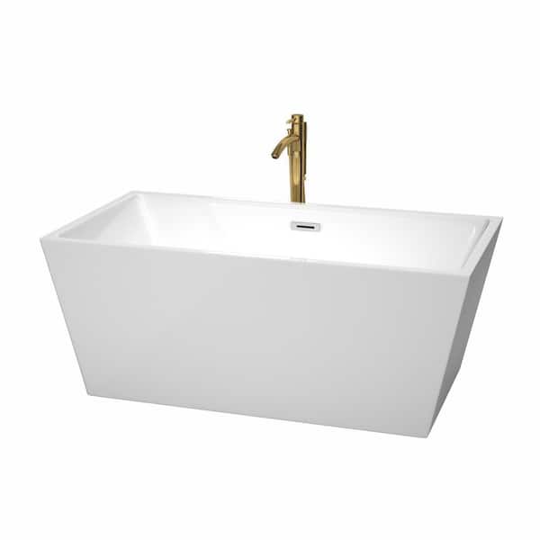 Sara 59 in. Acrylic Flatbottom Bathtub in White with Polished Chrome Trim and Brushed Gold Faucet