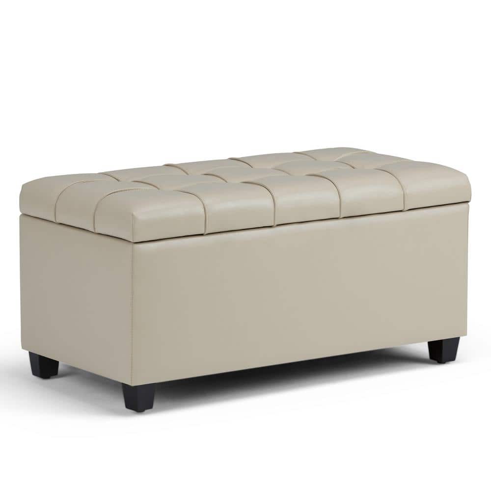 Simpli Home Sienna 33 in. Wide Transitional Rectangle Storage Ottoman Bench  in Satin Cream Vegan Faux Leather AXCOT-258-CR - The Home Depot