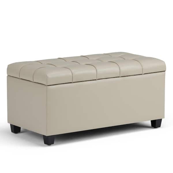 Simpli Home Sienna 33 in. Wide Transitional Rectangle Storage Ottoman Bench in Satin Cream Vegan Faux Leather
