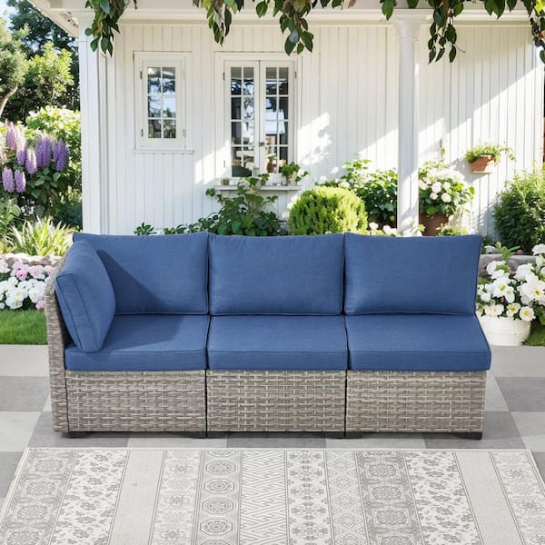 ModuVine Taupe 3-Piece Wicker Outdoor Sectional Furniture Set, Patio Conversation Sectional Sofa with Blue Cushions