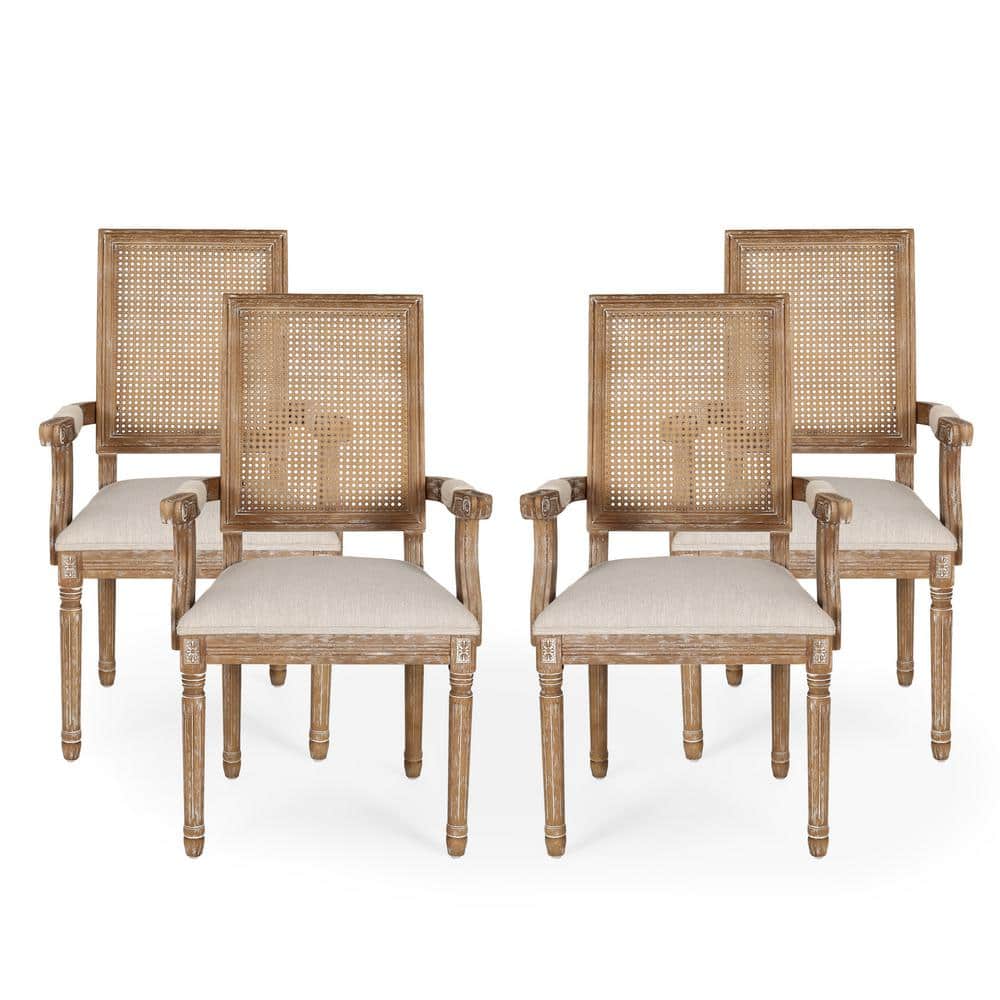 Elegant Beige Upholstered Cane Wood Arm Chair, High Back - Set of 4