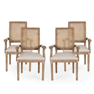 Aisenbrey Beige and Natural Wood and Cane Arm Chair (Set of 4)