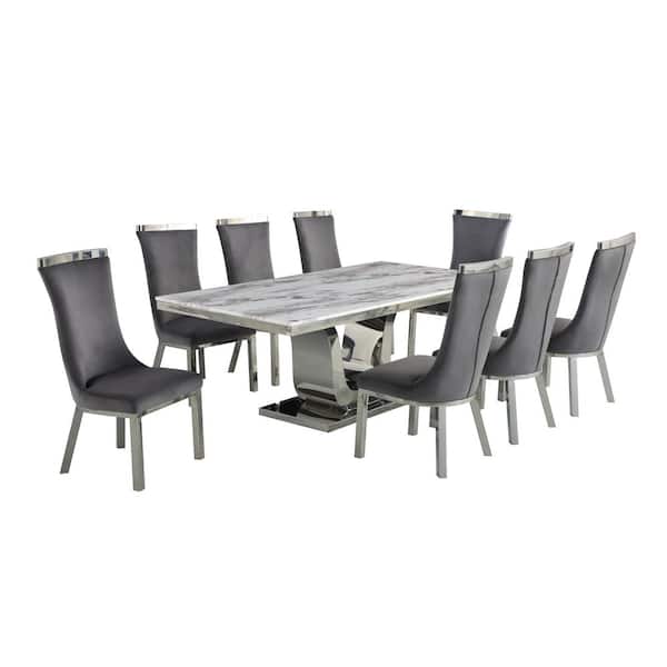Best Quality Furniture Ada 9-Piece Rectangular White Marble Top with Stainless Steel Base Table Set with 8-Dark Grey Velvet Chairs