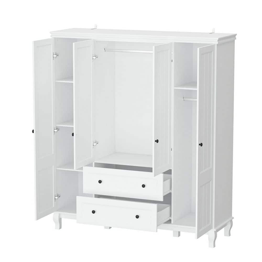 White Wood 63 in. W 4-Door Big Armoires Wardrobe with Hanging Rod, 2-Drawers, Storage Shelves(18.9 in. D x 71.3 in. H) - thumbnail 4