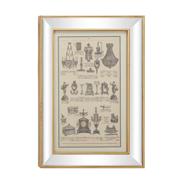 Litton Lane 19.5 in. x 28.5 in. Large Vintage Style French Illustrations Textile in Rectangular Mirror and Gold Frame