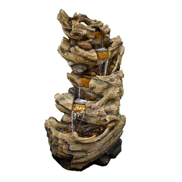 47 in. Tall Outdoor 5-Tier Tree Trunk Waterfall Floor Fountain with LED Lights