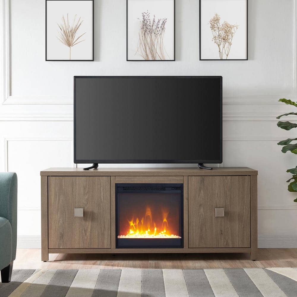 Antiqued Gray 58" TV Stand with Crystal Fireplace Insert