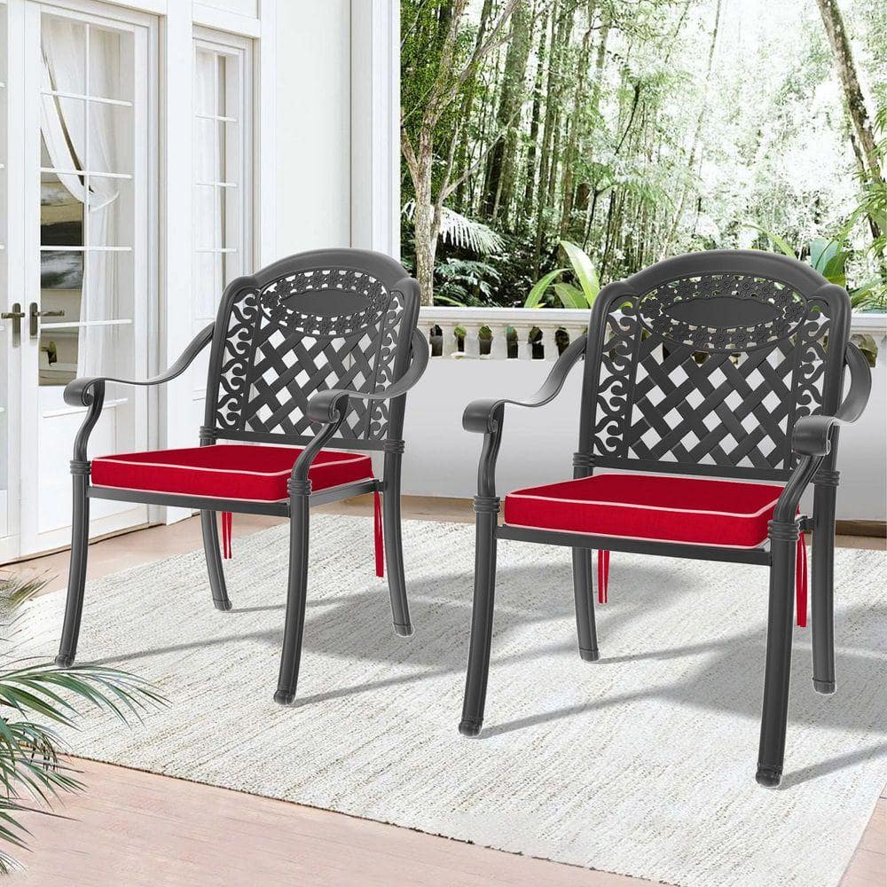 Black Cast Aluminum Patio Outdoor Dining Chair with Red Cushion (2