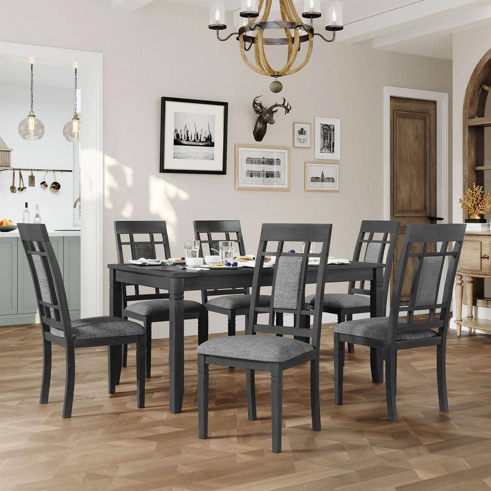 GOJANE 7Piece Rectangle Gray Wood Top Farmhouse Rustic Dining Room Set