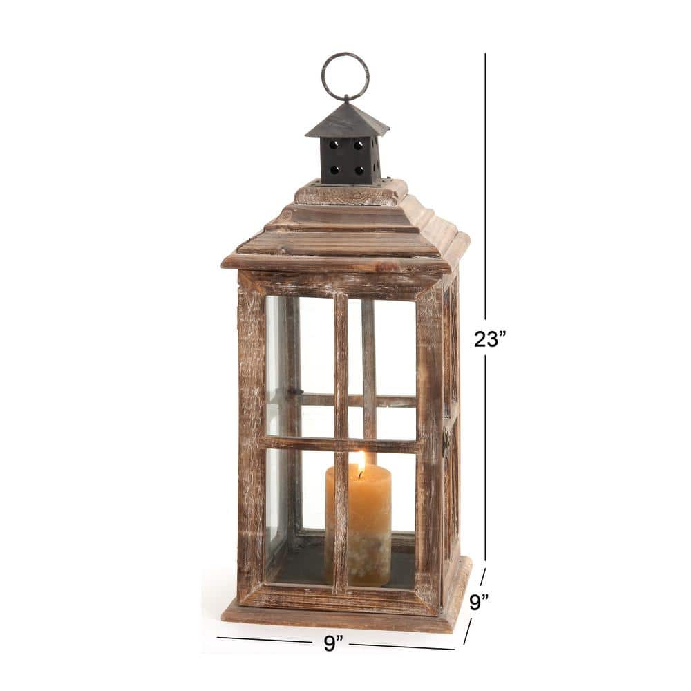 Brown Fir Wood and Glass Traditional Candle Lantern