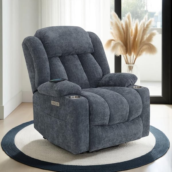 Benjara Mario Blue Velvet Glider Power Recliner Chair with Heat