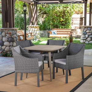 Damas Gray 5-Piece Wood and Faux Rattan Outdoor Dining Set with Silver Cushions