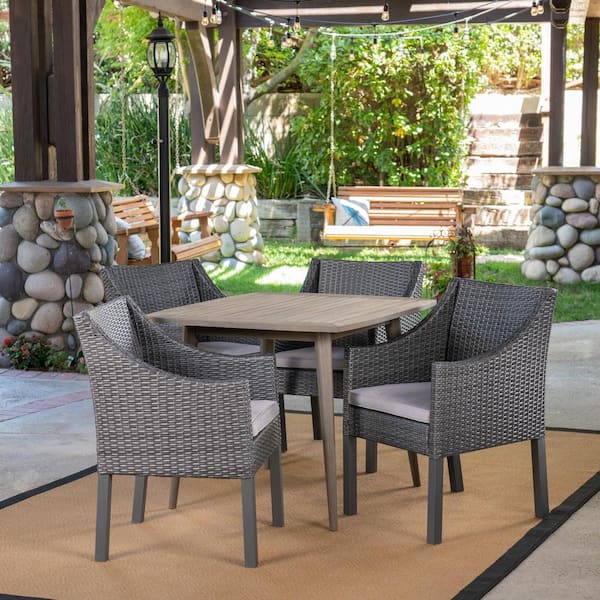 Noble House Damas Gray 5-Piece Wood and Faux Rattan Outdoor Dining Set ...