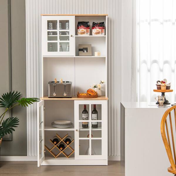 Costway White Wooden 31.5 in. Freestanding Pantry Cabinet Kitchen Buffet Sideboard Hutch with 3-Doors
