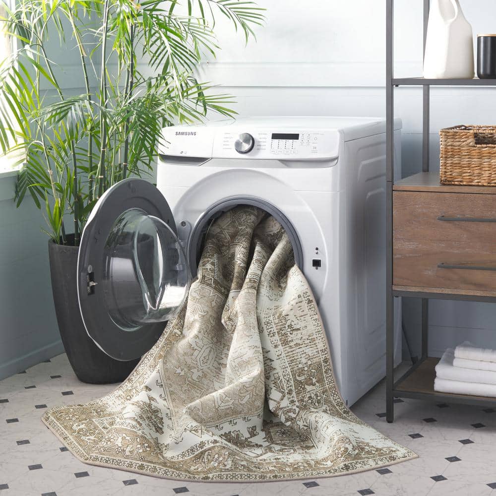Ivory and Sage Square Washable Synthetic Area Rug