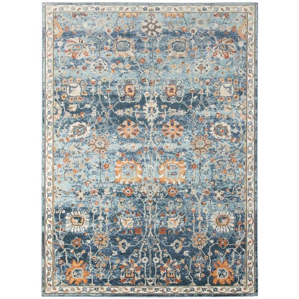 Bohemian 9 ft. X 12 ft. Navy Border, Floral, Oriental Area Rug
