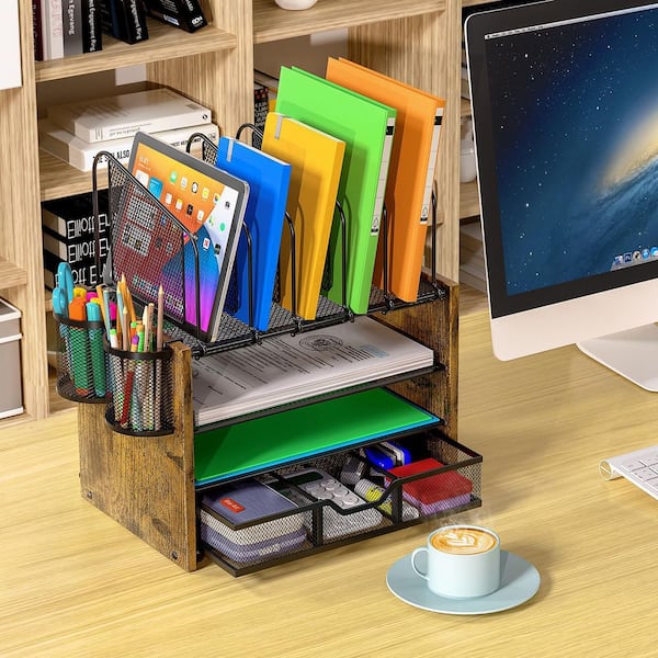 Brown 16.34 in. x 10 in. Wooden Mesh Desk Organizer with 5-Vertical File Holders, 2-Pen Holders and Sliding Drawer