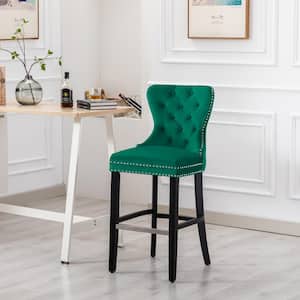 Harper 29 in. High Back Nail Head Trim Button Tufted Dark Green Velvet Bar Stool with Solid Wood Frame in Black
