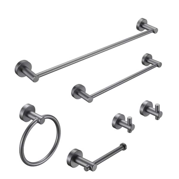 Unbranded 6-Piece Bath Hardware Set with hand towel bar、 hand towel bar、hooks、toilet paper holder and towel ring in Gray