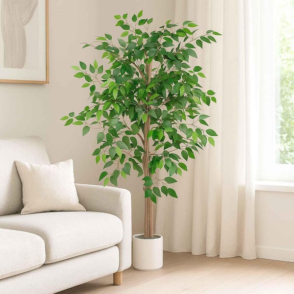 5 ft. Artificial Ficus Tree Weeping Fig in White Pot Faux Council Tree for Home Office Indoor Outdoor Decor