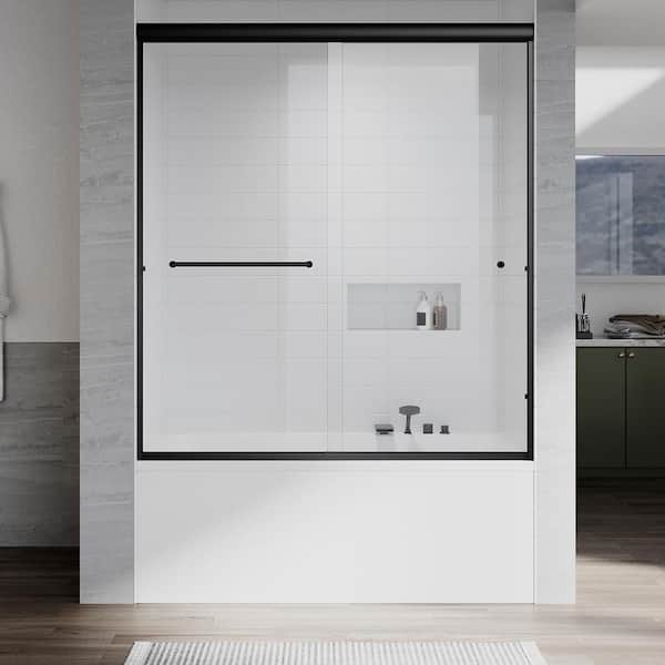 UKD07N 56 to 60 in. W x 66 in. H Double Sliding Semi-Frameless Tub Door in Matte Black, with 1/4 in. SGCC Clear Glass