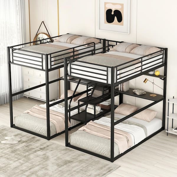 Double Twin Over Twin Metal Bunk Bed with Desk, Shelves and Storage Staircase - Black