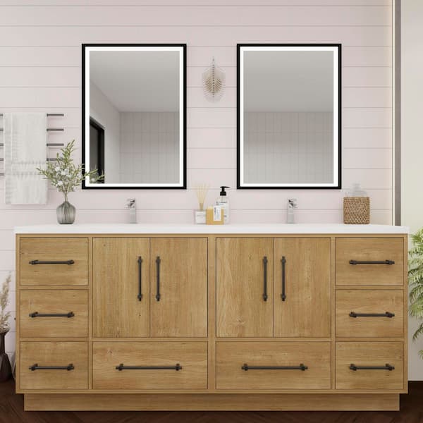 Victoria 71 in. W x 20 in. D x 35 in. H Double Sink Freestanding Bath Vanity in Oak with White Acrylic Top