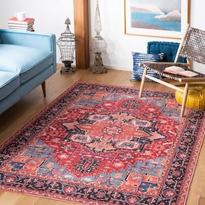 Serapi Red/Blue 5 ft. x 8 ft. Machine Washable Bohemian Floral Area Rug