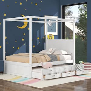 White Wooden Frame Queen Size Canopy Bed Platform Bed with Twin Size Trundle and Three Drawers for Kids, Teens, Adults