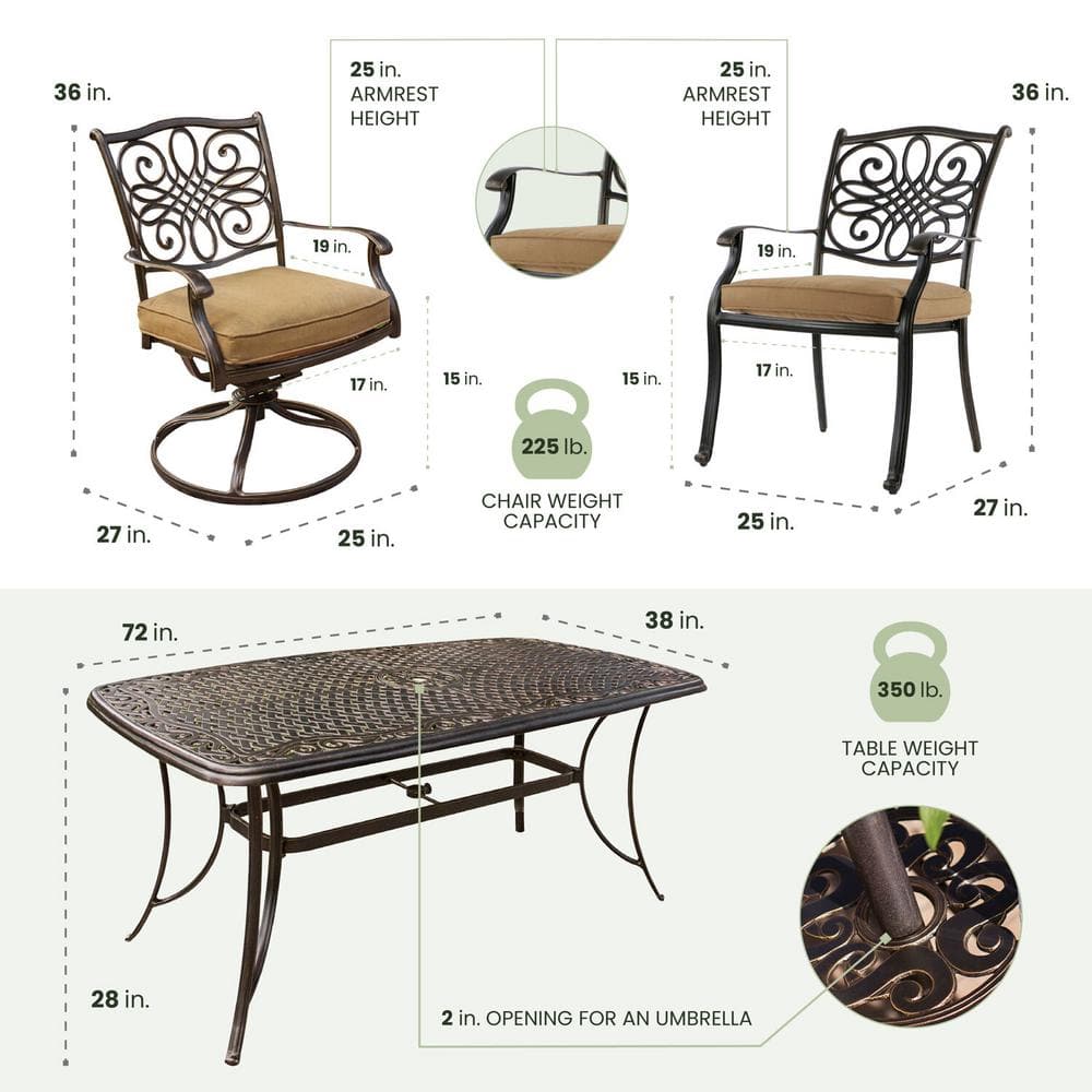 Bronze Cast Aluminum 6-Person Outdoor Dining Set with Natural Oat Cushions