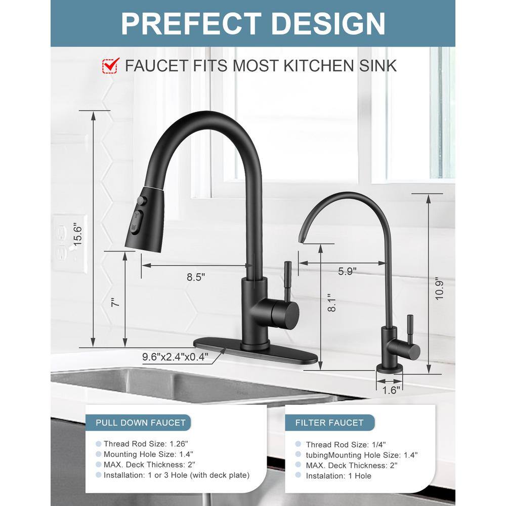 Matte Black Stainless Steel Pull-Down Kitchen Faucet with Water Filter