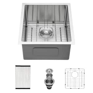 15 in. Undermount Single Bowl 16 Gauge Brushed Nickel Stainless Steel Kitchen Sink with Bottom Grids