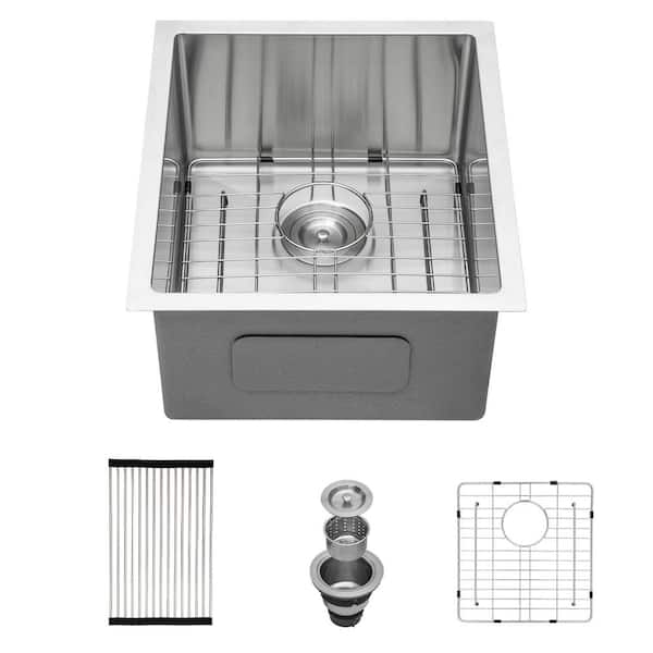 15 in. Undermount Single Bowl 16 Gauge Brushed Nickel Stainless Steel Kitchen Sink with Bottom Grids