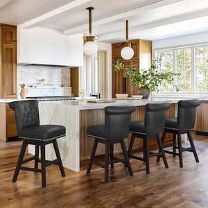 26 in. Black Faux Leather Swivel Barstool Solid Wood Counter Stool with Nail Head Trim and Tufted Backrest (Set of 4)