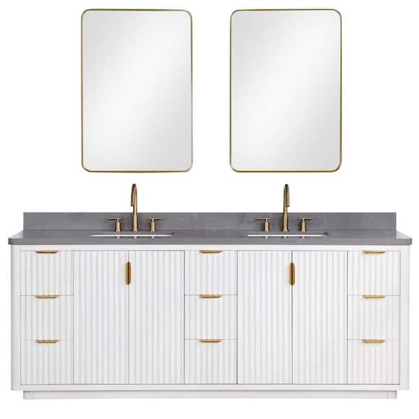 ROSWELL Cádiz 84 in. W x 22 in. D x 34 in. H Double Bathroom Vanity in Fir Wood White with Gray Composite top and Mirror