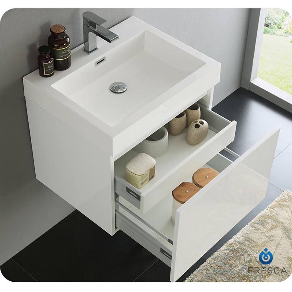 23" Fresca Nano Glossy White Wall-Mount Modern Vanity with Integrated Sink