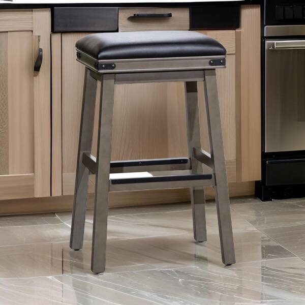 Benjara 25 in. Gray and Black Backless Wood Frame Bar Stool with Leather Seat