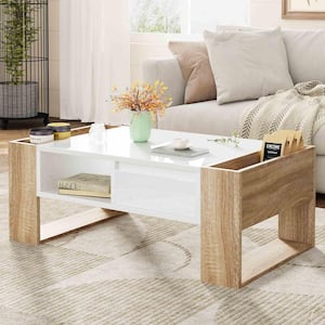 41.3 in. White/Natural Rectangle MDF Coffee Table with Storage