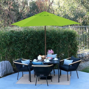 9 ft. Wood-Grain Steel Push Lift Market Patio Umbrella in Polyester Lime Green Fabric