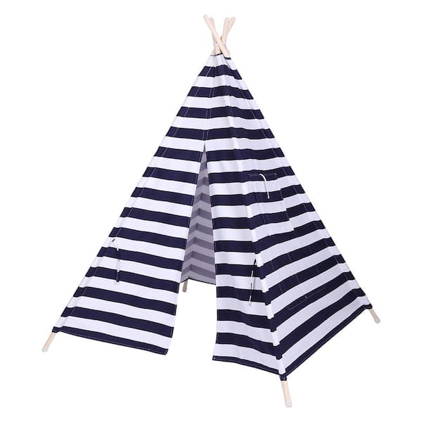 Mew Striped Kids Teepee Tent Portable Canvas Tent  Floor Mat Blue-White Stripe 