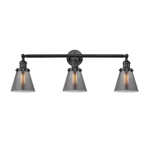 Cone 30 in. 3-Light Matte Black Vanity Light with Plated Smoke Glass Shade