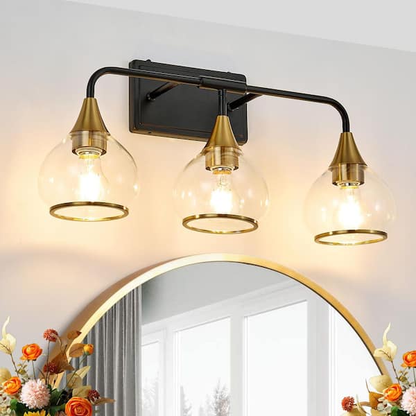 23 in. W 3 Light Black and Gold Vanity Light with Lamp Holders and Shade for Mirror, Bathroom, NO Bulbs Included