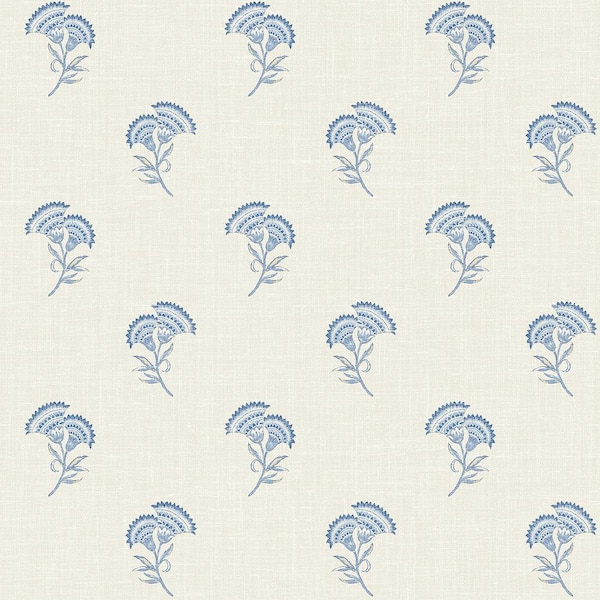 Seabrook Designs French Blue Lotus Branch Floral Paper Unpasted Nonwoven Wallpaper Roll 60.75 sq. ft.