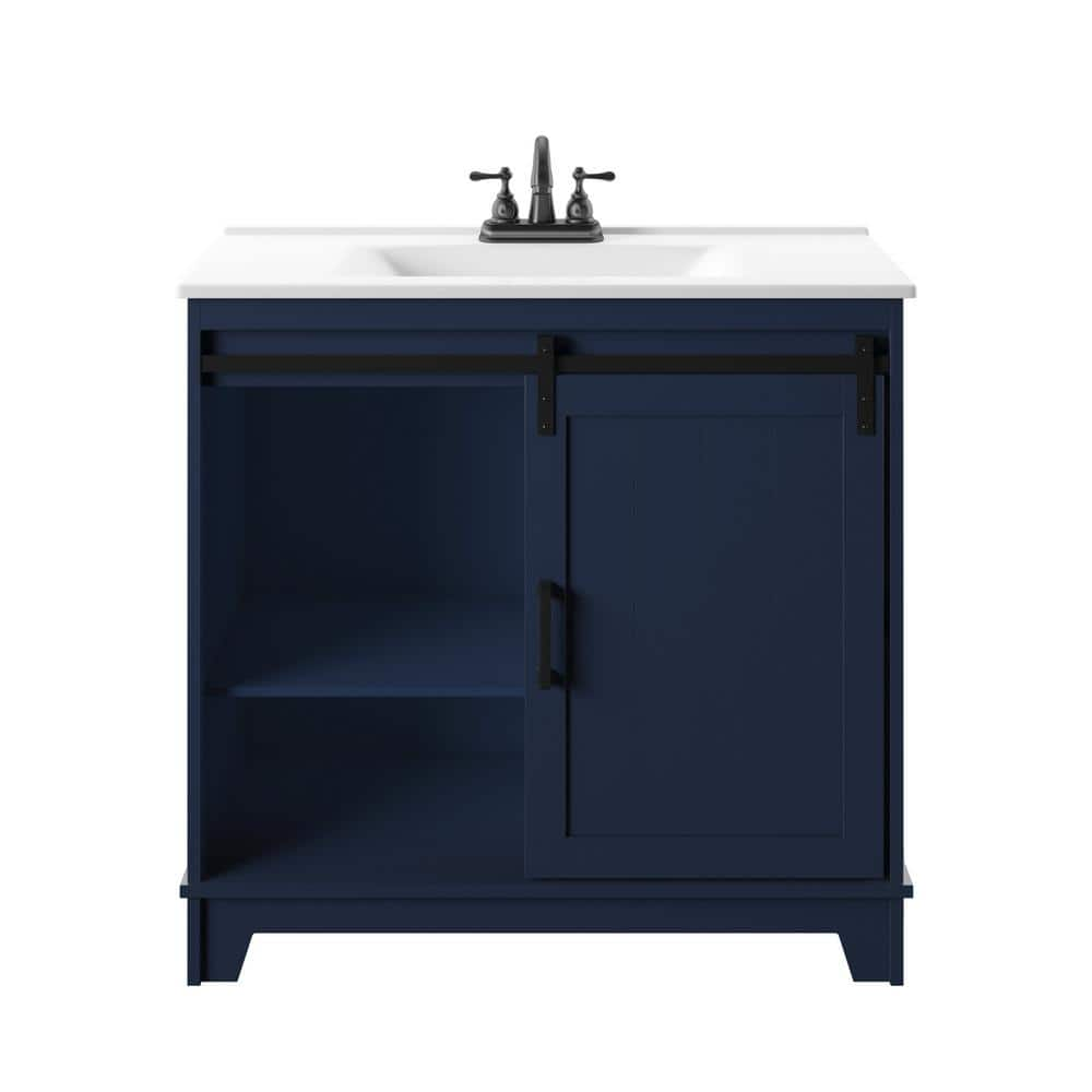 Twin Star Home 36 in. W x 18 in. D x 34 in. H Barn Door Single Bathroom Vanity Side Cabinet in Insignia Blue with White Marble Top