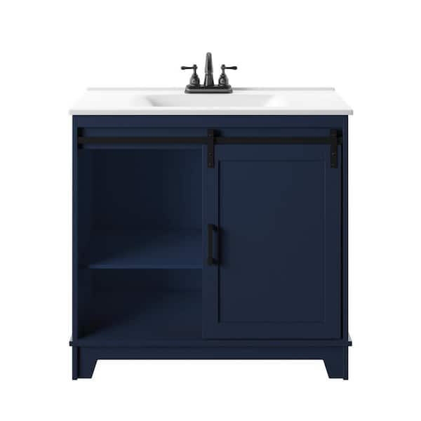 Twin Star Home 36 in. W x 18 in. D x 34 in. H Barn Door Single Bathroom Vanity Side Cabinet in Insignia Blue with White Marble Top