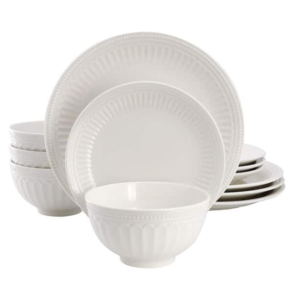 Gabriella 12 Piece Stoneware Dinnerware Set in White, Service for 4
