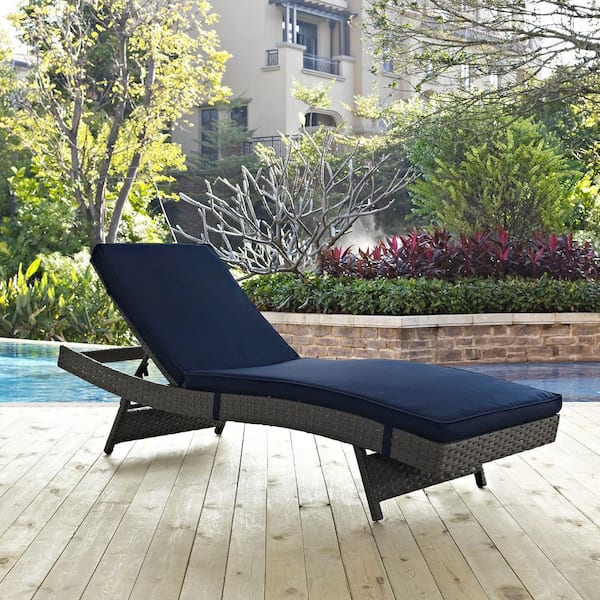 Sojourn Wicker Outdoor Patio Chaise Lounge with Sunbrella Canvas Navy Cushions