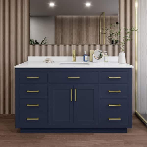 Wyndham Collection Beckett TK 60 in. W x 22 in. D x 35 in. H Single Bath Vanity in Dark Blue with White Quartz Top