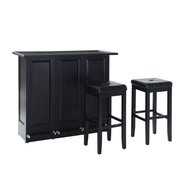Crosley 48-3/4 in. W Mobile Folding Bar with Two 29 in. Upholstered Square Seat Stools in Black