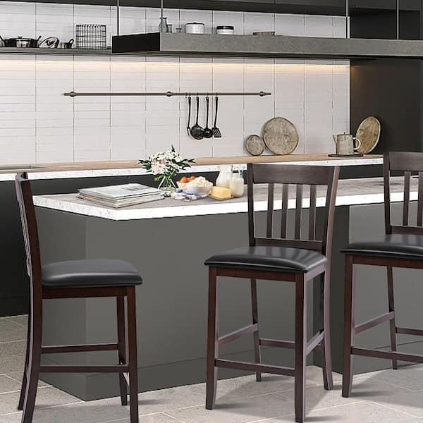 39 in. Brown Low Back Wood Bar Stools Counter Height Chairs with PU Leather Seat Black (Set of 4)
